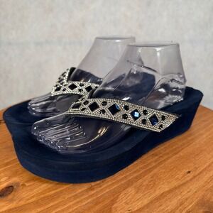 Yellow Box Platform Flip Flops Womens 9.5 Navy Good Rhinestone Wedge Sandals